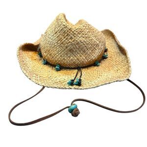 Scala Women’s Raffia Tan Straw Hat with Turquoise Beading